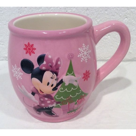 Disney Minnie Mouse Pink Mug Christmas Tree Snowflake 3D Raised Rare - Picture 1 of 6